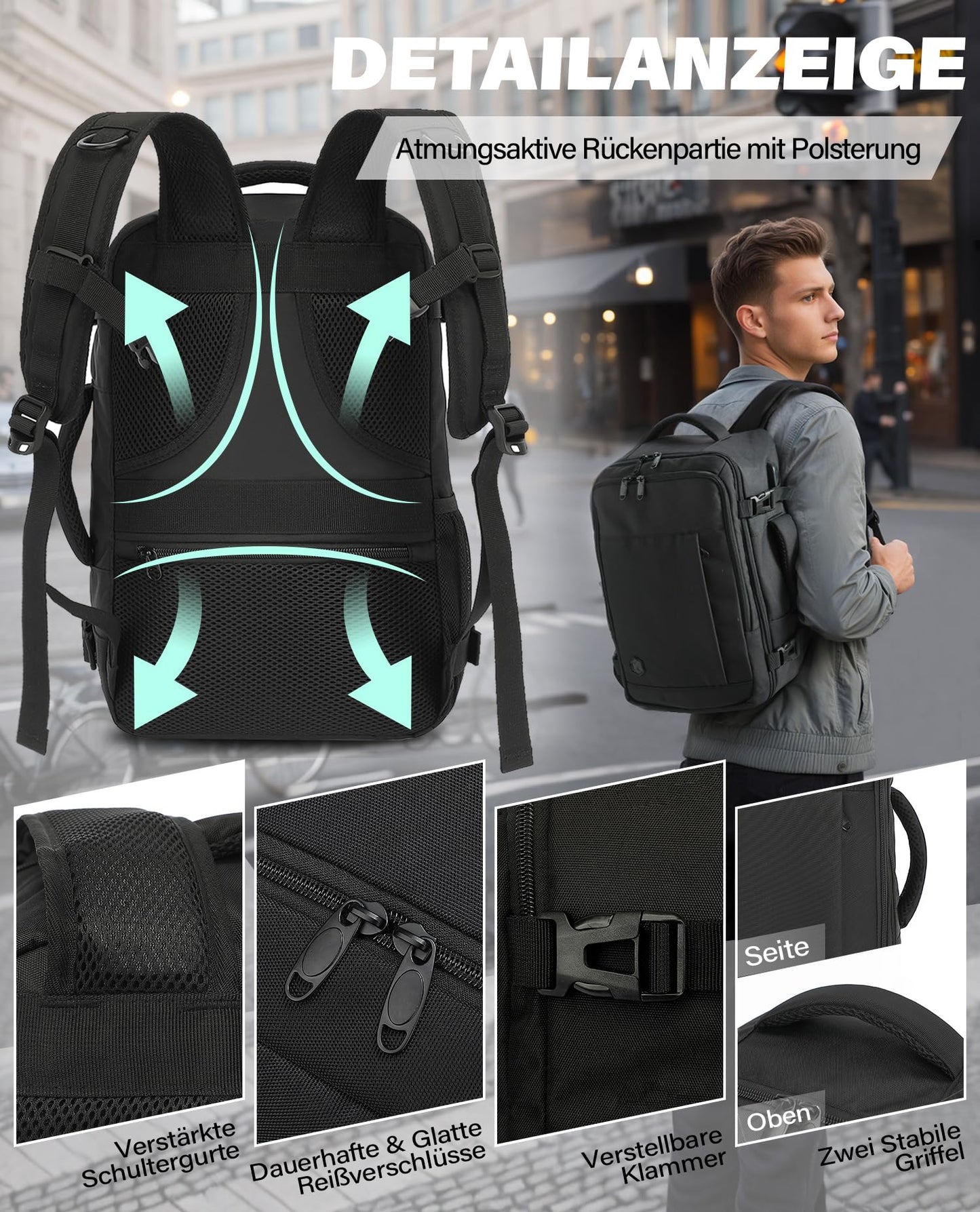 VANKEV für Ryanair Handgepäck 40x20x25 Laptop Rucksack Reiserucksack Klein Handgepäck Tasche Rucksack 14 Zoll Laptop Backpack für Herren Damen Schwarz