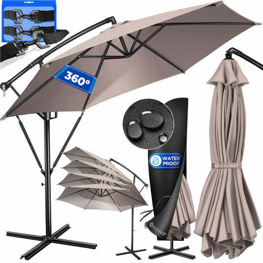 KESSER® Alu Ampelschirm Sonnenschirm + Abdeckung Ø350 cm & Kurbelvorrichtung Kurbelschirm mit Ständer UV-Schutz Aluminium Wasserabweisende Bespannung 360° Funktion Garten-Schirm Marktschirm Taupe
