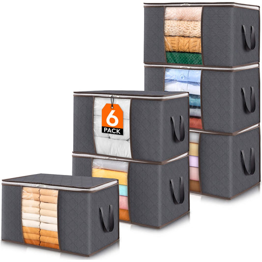 Lifewit 6 Stück Aufbewahrungstasche, Aufbewahrungsbox mit Deckel, Kleiderschrank Organizer Faltbare Kleideraufbewahrung Umzugskartons mit Verstärkt Griff für Bettdecken Kleidung Decke, Grau