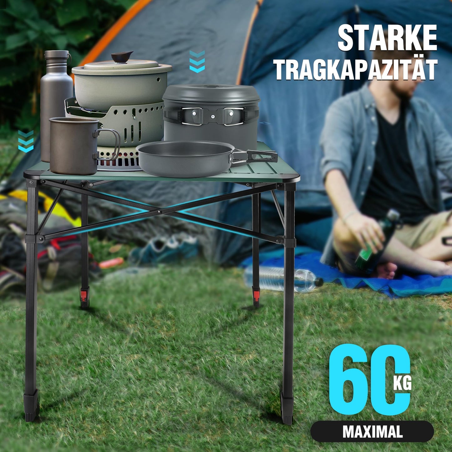 VILLEY Aluminium Klapptisch mit Tragetasche, klappbarer Campingtisch aus Alu, Faltbarer Balkontisch, Gartentisch für Picknick, Camping und Strand im Freien, 70 * 70 * 78cm