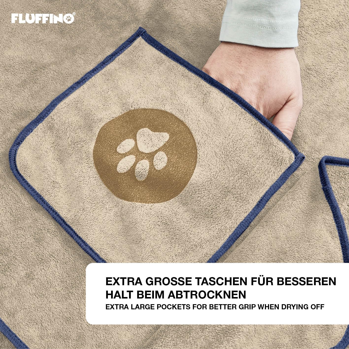 FLUFFINO® 2er Set Hundehandtuch 120 x 70 cm für mittelgroße & große Hunde, extrem saugfähig & weich | Waschbar bei 60°C, schnell trocknendes Mikrofaser-Handtuch mit 2 Grifftaschen