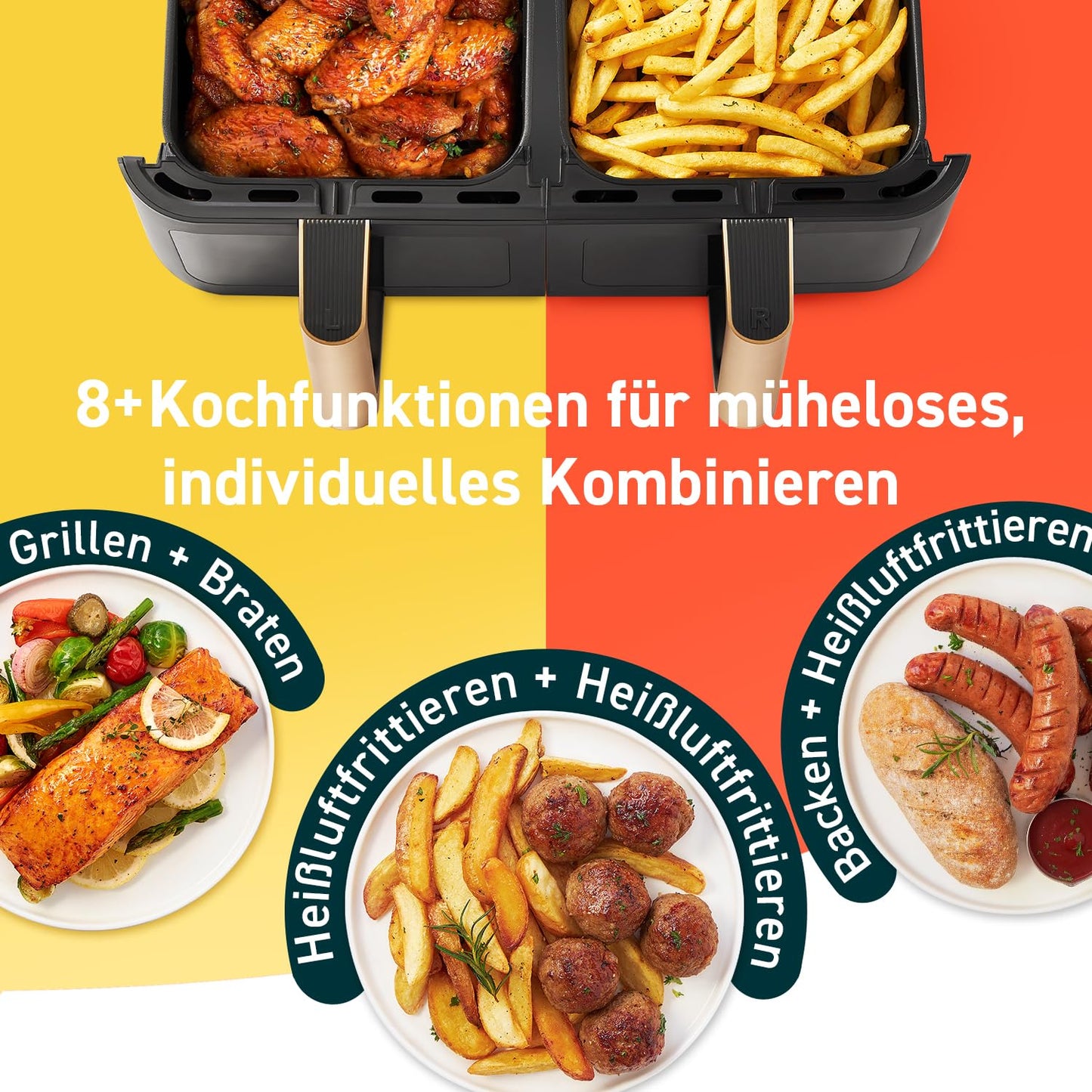 COSORI Heißluftfritteuse 2 Kammern, Testsieger der Stiftung Warentest, 6-in-1 Dual Zone Airfryer 8,5 L, Doppelkammer mit Sichtfenster für vollständige Mahlzeit, Gold