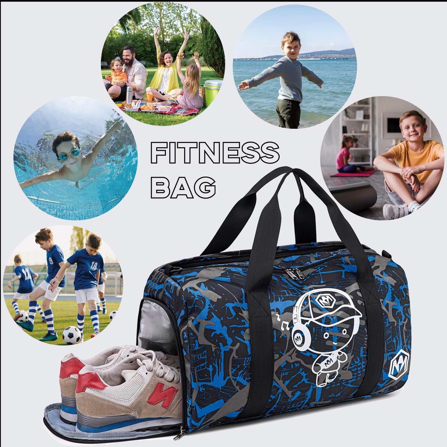 Sporttasche Kinder Schwimmtasche Jungen Damen mit Schuhfach und Nassfach Badetasche Teenager Kleine Reisetasche Fitnesstasche (Prinz Graffiti Blau)
