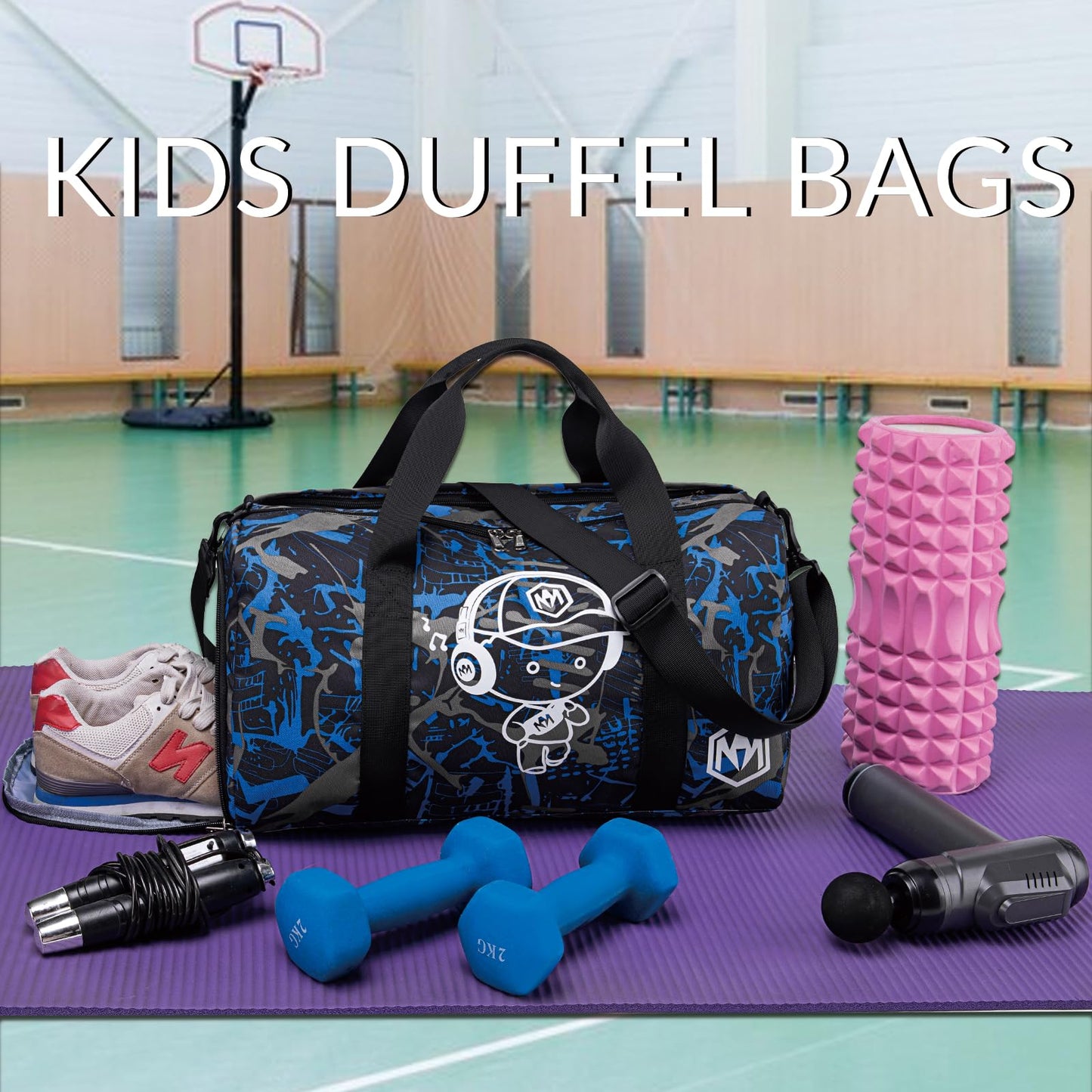 Sporttasche Kinder Schwimmtasche Jungen Damen mit Schuhfach und Nassfach Badetasche Teenager Kleine Reisetasche Fitnesstasche (Prinz Graffiti Blau)