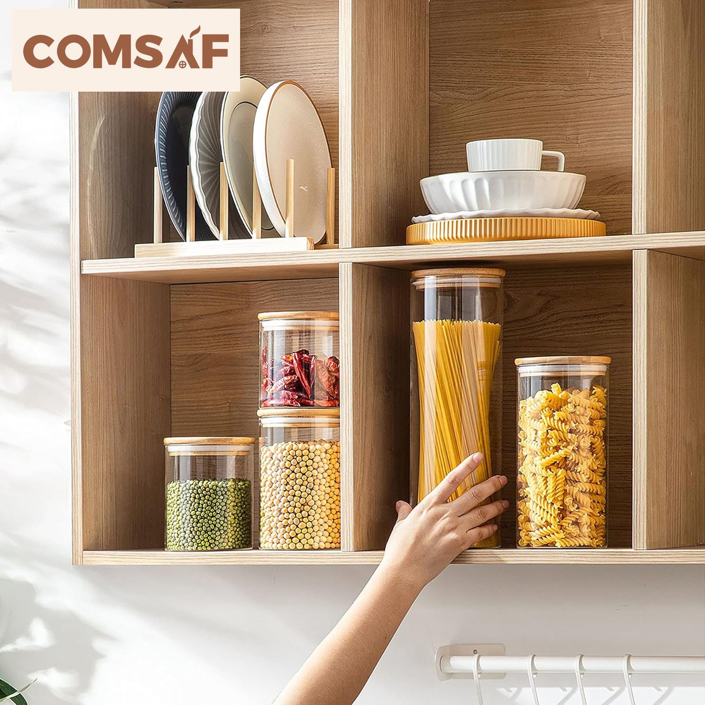 ComSaf 500ml/800ml/1200ml Luftdichter Vorratsgläser mit Deckel Rund, 6er Set Aufbewahrungsglas Küche aus Borosilikatglas, Glasbehälter Vorratdosen Set für Gewürz Spagetti Getreide Bohnen