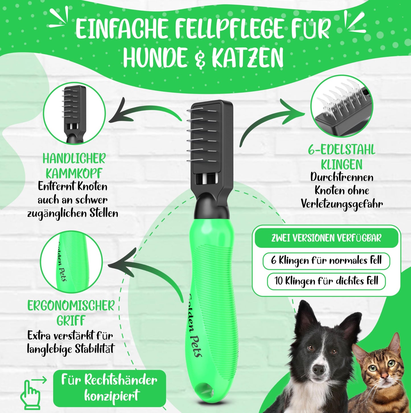 Profi Entfilzungsmesser für Hunde und Katzen - Entfernt Knoten und Verfilzungen, kurz bis langhaar Fell geeignet Kleine - große Tiere Abgerundete Klinge + Gratis Pflegehandbuch