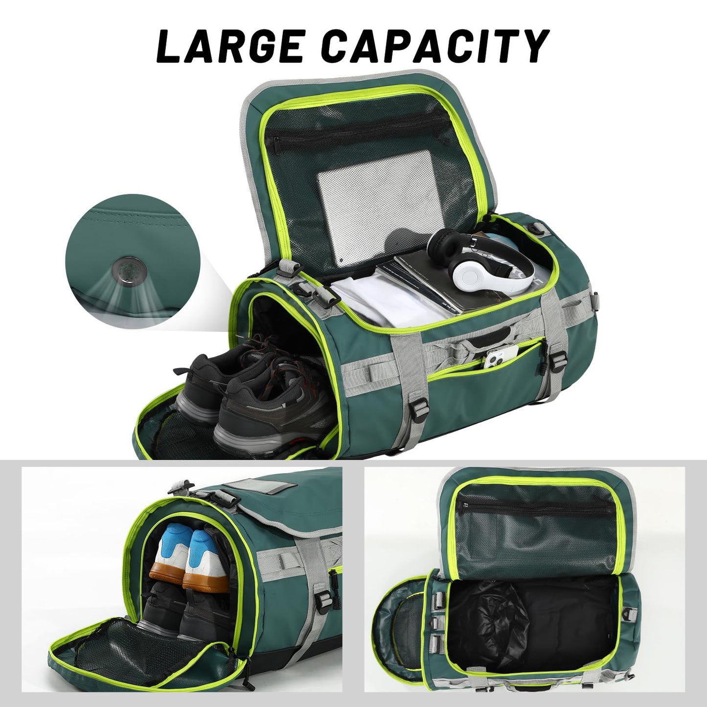 MIER Große Sporttasche wasserdicht Sportrucksack mit Schuhfach umwandelbar in Rucksack, 45L/60L/90L