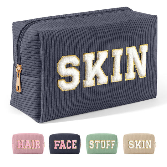 MAGEFY Chenille Letter Kleine Make up Tasche Cord Kosmetiktasche mit Innentasche Reise Schminktasche Kosmetiktasche Klein für Handtasche Damen, Schwarz-Skin