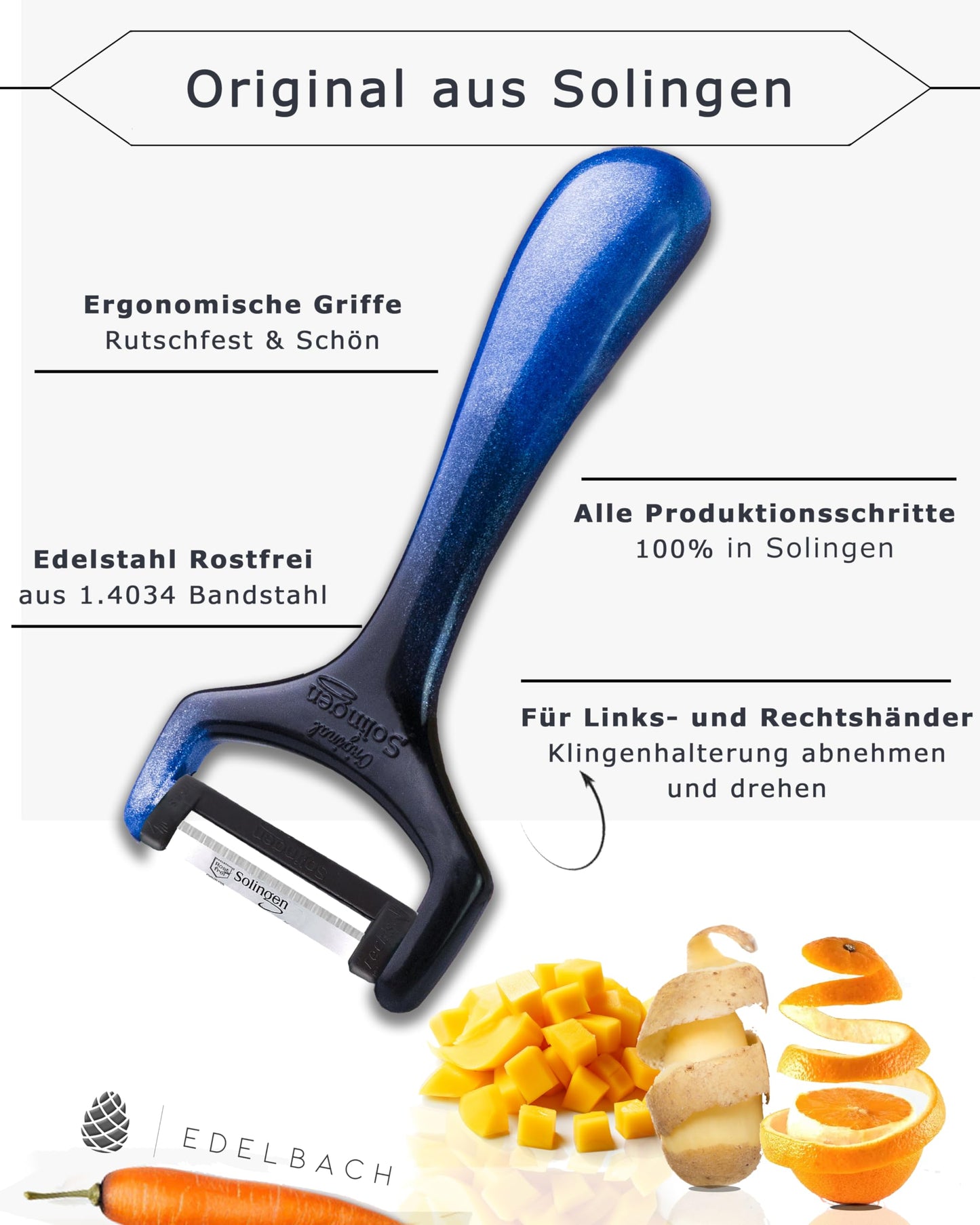 Edelbach Solingen | 2x Sparschäler Messerset | Deutsche extrem scharfe Schäler, Kartoffelschäler, Gemüseschäler, Spargelschäler, Schälmesser, Küchenmesser