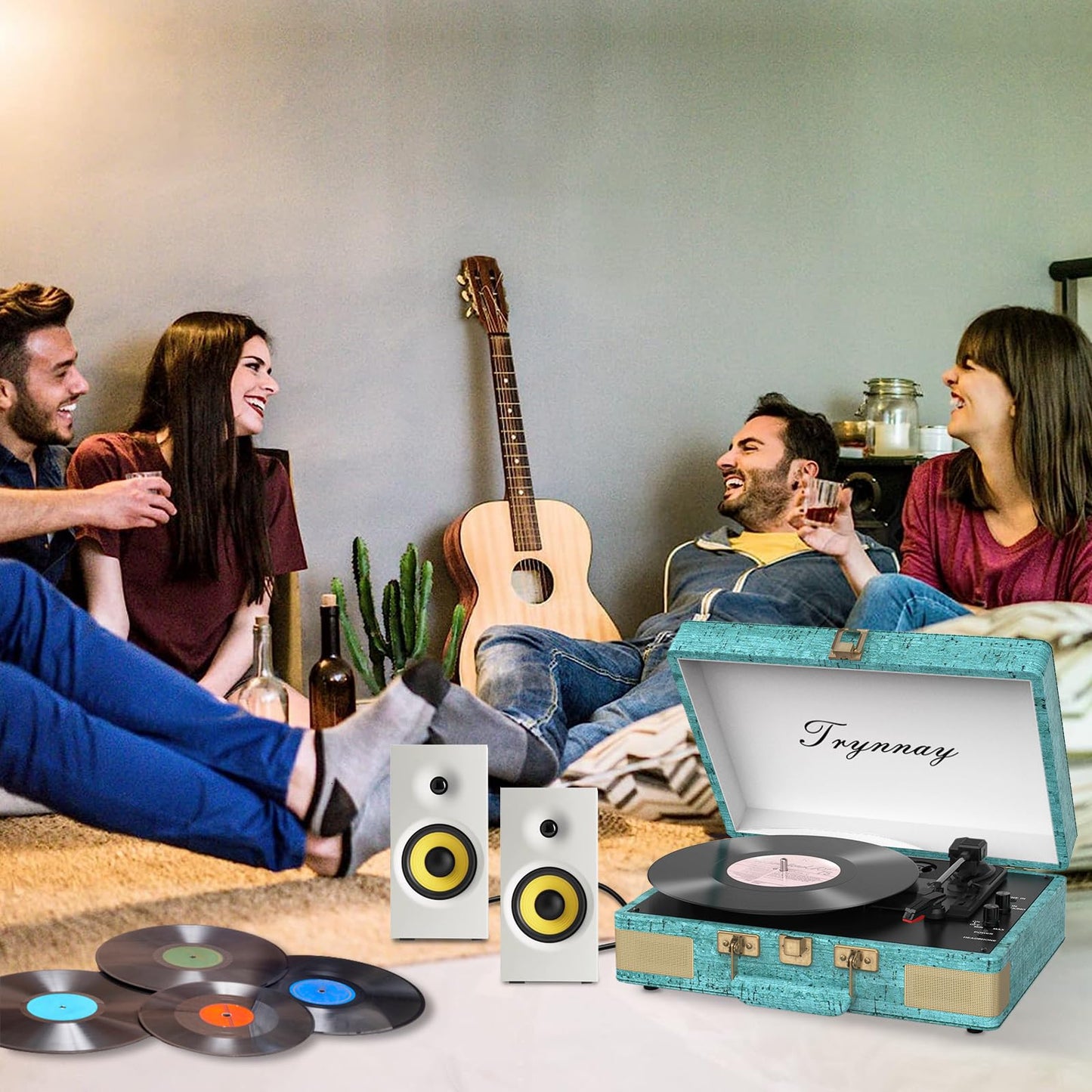Trynnay Plattenspieler Schallplattenspieler 3-Gang-Bluetooth, tragbarer Koffer-Vinyl-Player mit integrierten Lautsprechern, Plattenspieler, verbesserter Audio-Sound, Gewachstes Leder Retro Blau