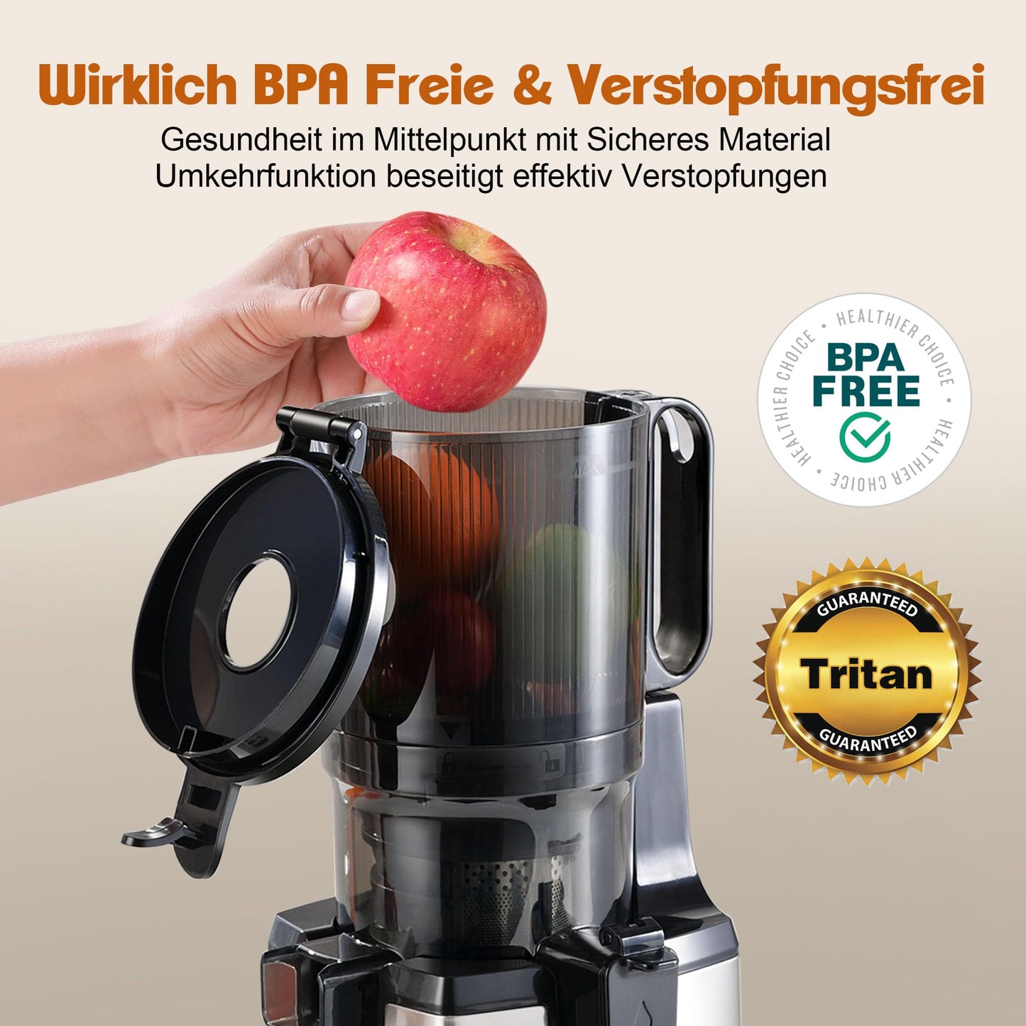 Fretta Slow Juicer Entsafter Gemüse und Obst Testsieger, 250W Edelstahl Saftpresse Elektrisch Obstpresse Kaltpresse Saftmaschine mit 135mm Großem Öffnung, Leicht zu Reinigen, Umkehrfunktion, BPA Frei