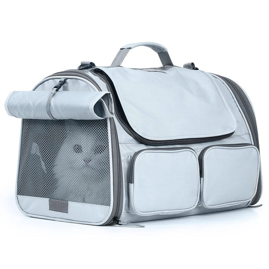 FUKUMARU Transportbox Katze, Faltbare Katzentransportbox, Transportbox Hund mit Reisetasche, Transportbox für Katzen/Hund bis 22kg, Hellgrau，groß