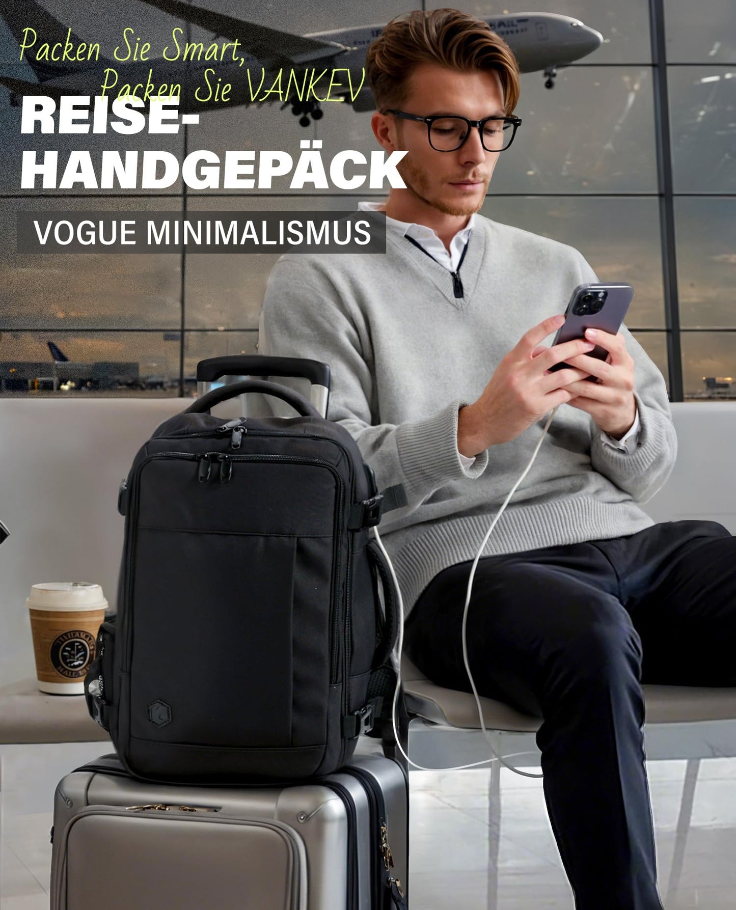 VANKEV für Ryanair Handgepäck 40x20x25 Laptop Rucksack Reiserucksack Klein Handgepäck Tasche Rucksack 14 Zoll Laptop Backpack für Herren Damen Schwarz