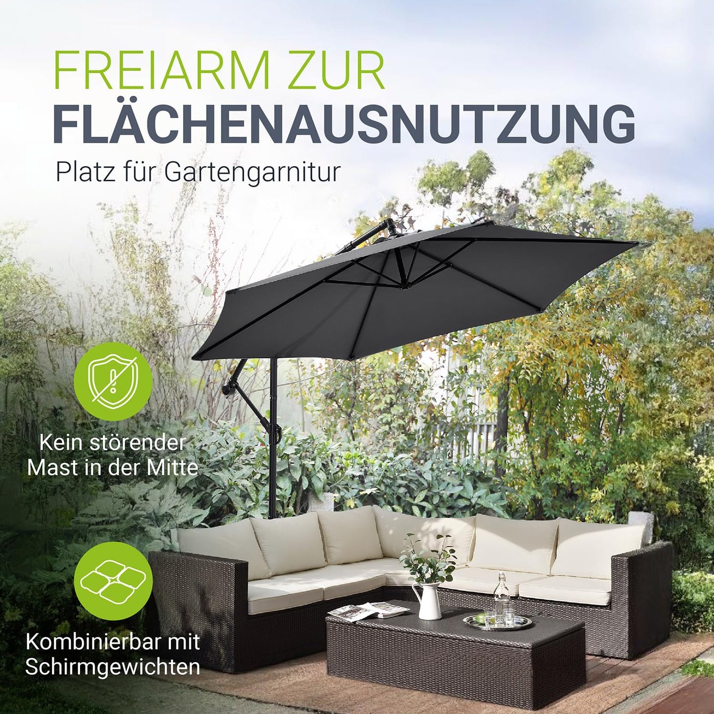 Juskys Ampelschirm Brazil 350 cm Kurbel Ständer - UV-Schutz wasserabweisend knickbar - Sonnenschirm Marktschirm - grau