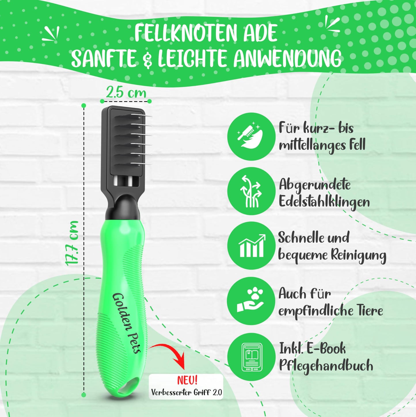 Profi Entfilzungsmesser für Hunde und Katzen - Entfernt Knoten und Verfilzungen, kurz bis langhaar Fell geeignet Kleine - große Tiere Abgerundete Klinge + Gratis Pflegehandbuch