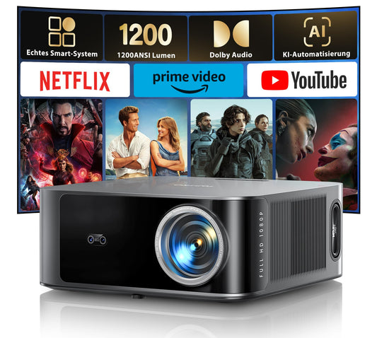 Beamer 4K【Offizielles Netflix & 36W Dolby Audio】 Toptro 1200 ANSI Smart Beamer Heimkino, 1080P Full HD Video Projektor mit Zwei-Wege Bluetooth WiFi, KI-Autofokus & Trapezkorrektur für Outdoor/Handy