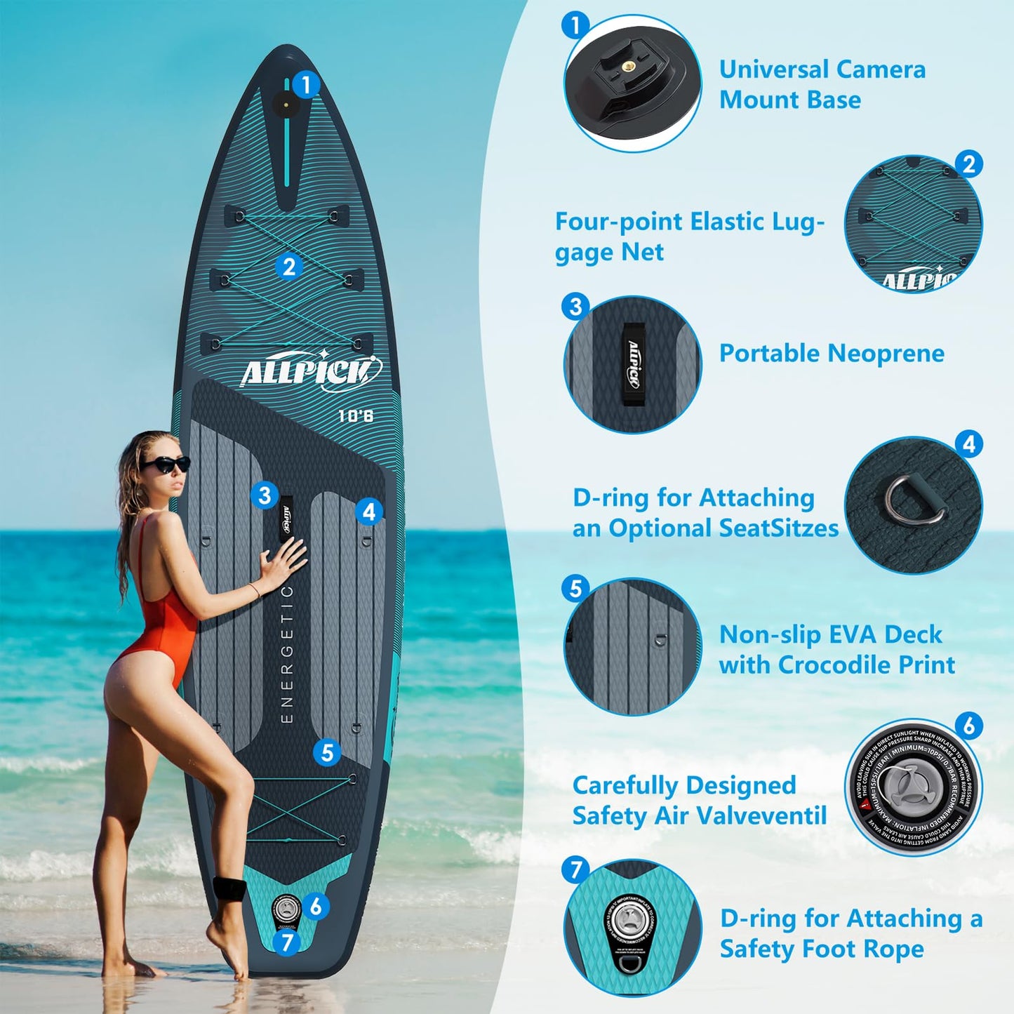 ALLPICK Premium SUP Board Set, Stand Up Paddling Board Aufblasbar, Mit Universal Kamerahalterung, Komplettes Zubehör, Verstellbares Paddel, Anfänger, Fortgeschrittene, 180kg (Premium-Grün)