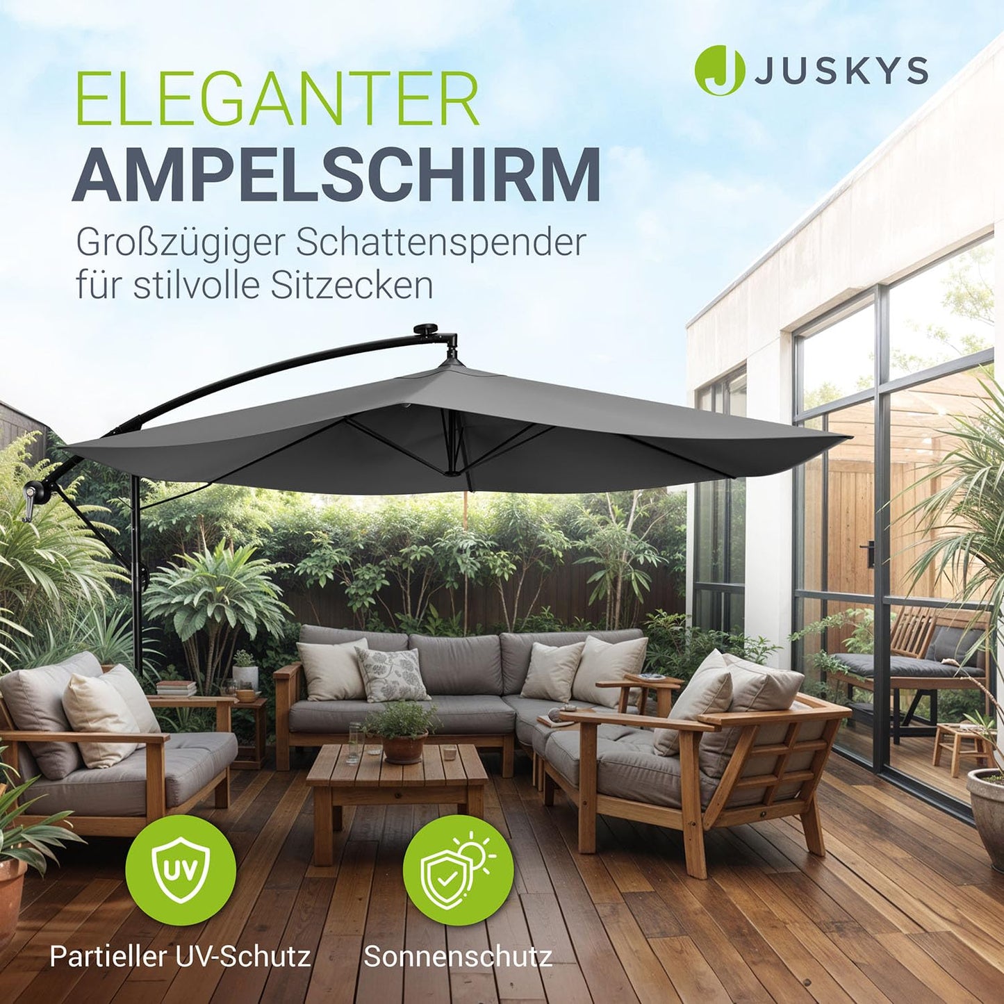 Juskys Ampelschirm Brazil 350 cm Kurbel Ständer - UV-Schutz wasserabweisend knickbar - Sonnenschirm Marktschirm - grau