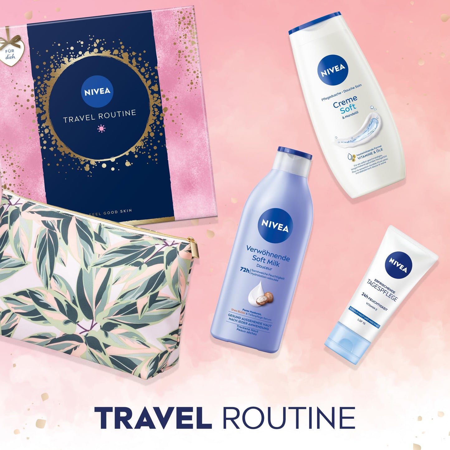 NIVEA Travel Routine Geschenkset, verwöhnendes Pflegeset mit NIVEA Pflege-Favoriten, Geschenkbox mit Pflegedusche, Body Lotion, Gesichtscreme und Kulturbeutel
