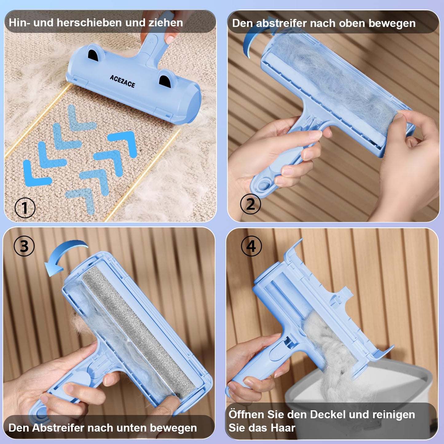 ACE2ACE Fusselrolle Tierhaare, Tierhaarentferner, Fusselbürste Tierhaare für Hundehaare und Katzenhaare, Hundehaarentferner für Sofa, Bett, Teppich, Kratzbaum, Baby blau