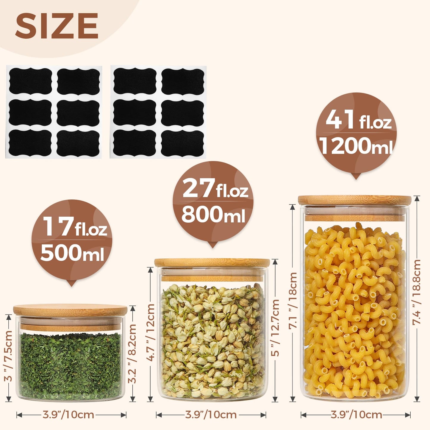 ComSaf 500ml/800ml/1200ml Luftdichter Vorratsgläser mit Deckel Rund, 6er Set Aufbewahrungsglas Küche aus Borosilikatglas, Glasbehälter Vorratdosen Set für Gewürz Spagetti Getreide Bohnen