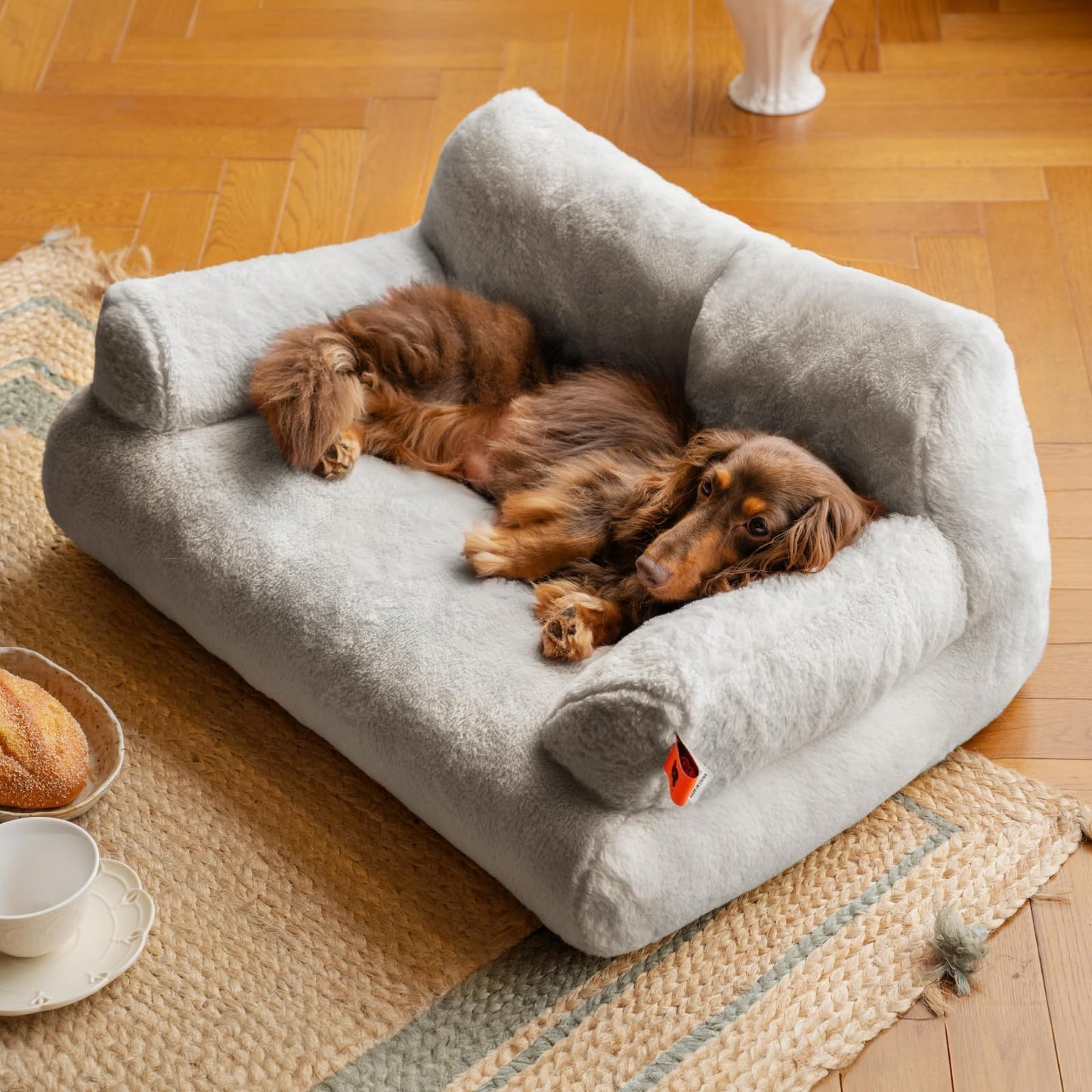 MEWOOFUN groß Katzenbett kleines Hundesofa Flauschig und waschbar Katzensofa Hundebett für Katzen, weich Katzenbett katzencouch mit Rutschfester Unterseite, Grau 66x48cm