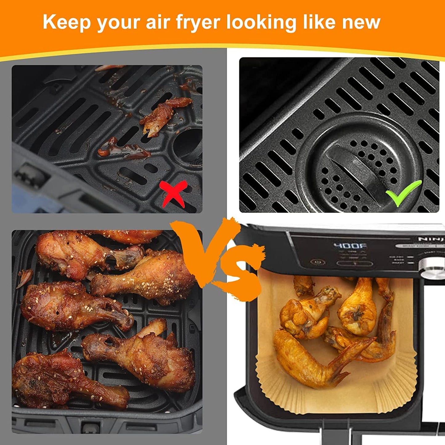 Backpapier für Heißluftfritteuse mit Doppelkammer, HONYAO 100 Stück 20,5x14cm Rechteckig Airfryer Papier Liners kompatibel mit Ninja Dual/Double Stack, und Anderen Dual Zone Air Fryer