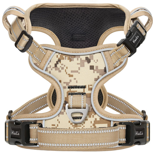 HEELE Hundegeschirr, Hundegeschirr für Grosse Hunde, Freigabe am Hals, Vorderseite Rückseite Clips Hundegeschirr Einstellbar Reflektierend Anti Zug Hundegeschirr mit Gepolstert Grifff, Tarn-Wüste, L