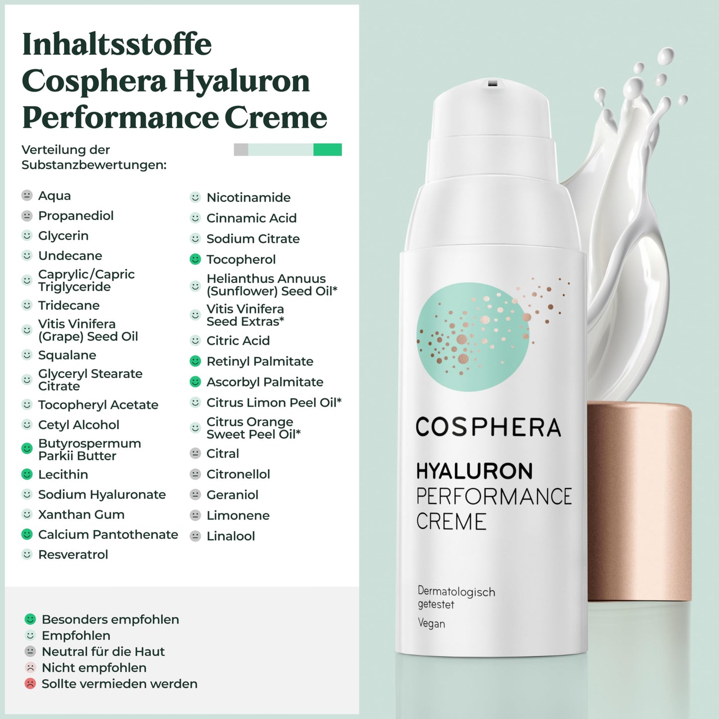 Cosphera - Hyaluron Performance Creme 50 ml - vegane Tages- und Nachtcreme hochdosiert für Gesicht, Hals, Dekolleté, Augen - Anti-Falten Feuchtigkeitsbehandlung für Frauen und Männer