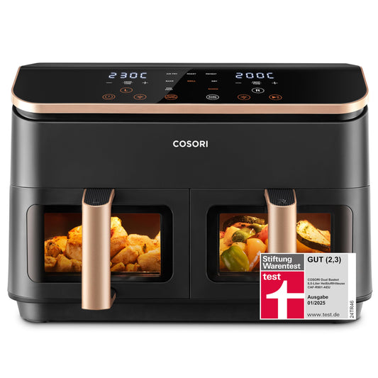 COSORI Heißluftfritteuse 2 Kammern, Testsieger der Stiftung Warentest, 6-in-1 Dual Zone Airfryer 8,5 L, Doppelkammer mit Sichtfenster für vollständige Mahlzeit, Gold