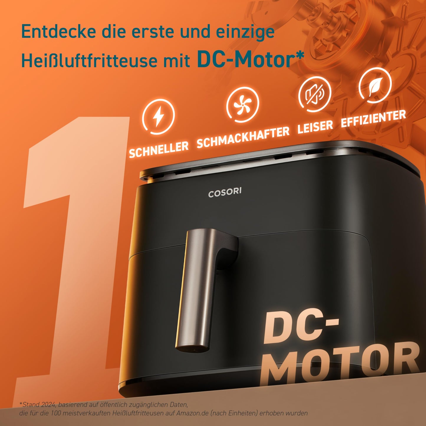 Cosori Turboblaze Airfryer Heißluftfritteuse, 9-in-1 Air Fryer XXL 6L, leiser DC Motor mit 5 Geschwindigkeitsstufen, Grillen, Backen, Gären, Dehydrieren, Tiefkühlen, 87 Rezepte, 64% energiesparend