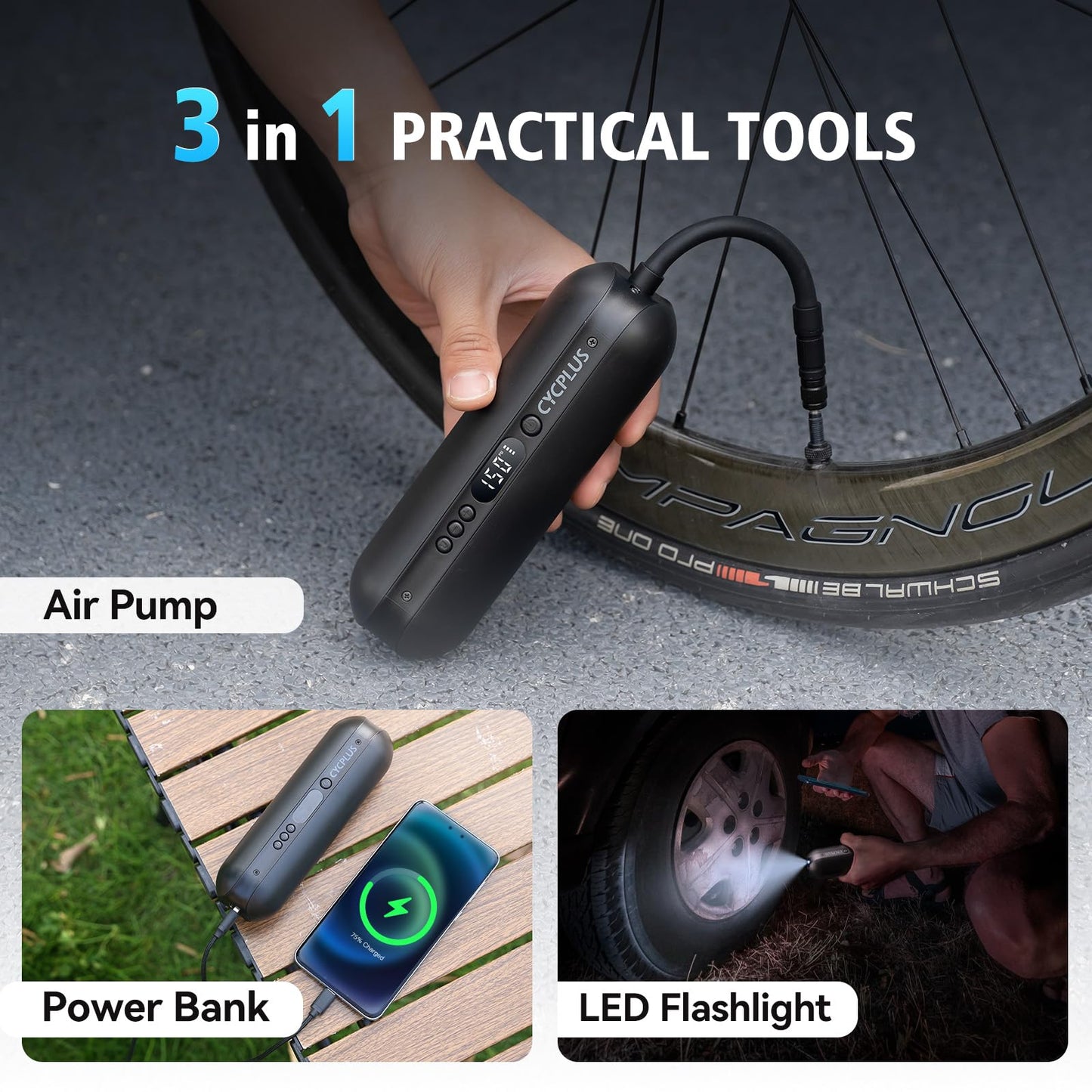 CYCPLUS Luftpumpe 150PSI Elektrischer Kompressor Tragbar Fahrradpumpe Mini Reifenpumpe mit Digital LED Anzeige LED Licht Wiederaufladbarer Li-ionen für alle Fahrräder Motorräder und Autos