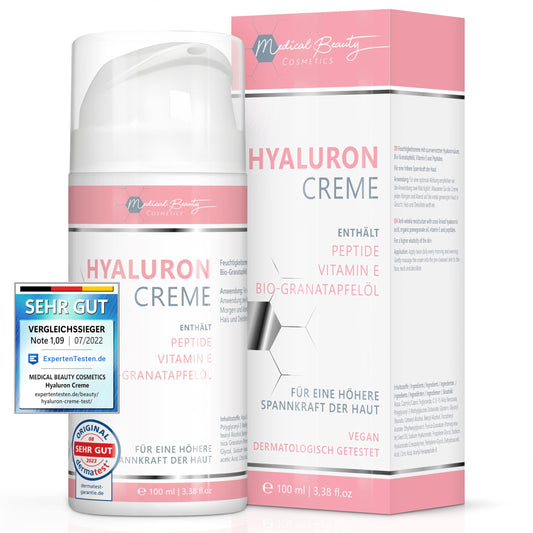Medical Beauty Hyaluron Creme 100ml - mit Peptiden, Vitamin E und Bio-Granatapfelkern-Öl - vegane Anti-Aging Gesichtscreme für Augen, Hals, Dekolleté mit DermaCROSS III-Komplex