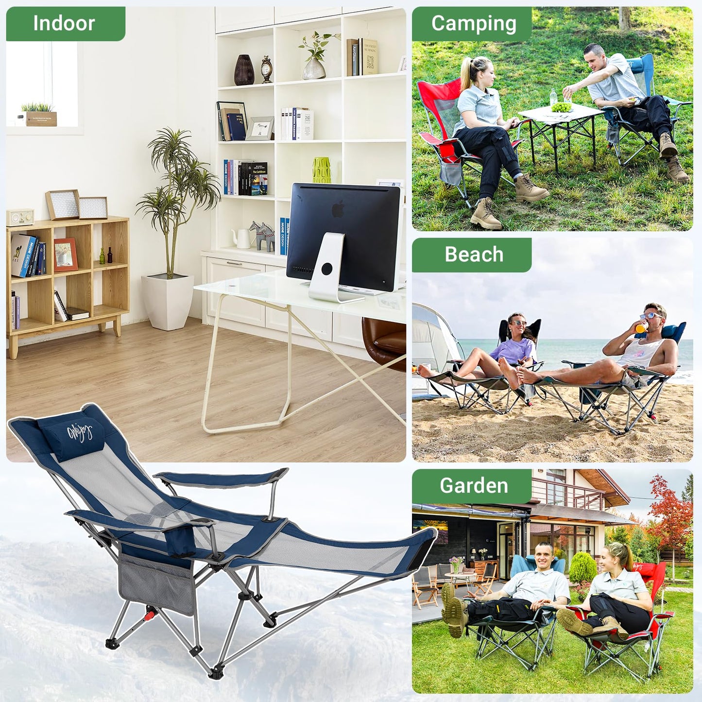 #WEJOY 2-in-1 Campingstuhl Faltbar, Strandstuhl mit Verstellbarer Rückenlehne & Fußstütze Angelstuhl Campingstühle für Erwachsene mit Wattepad Kissen Getränkehalter Armlehnentaschen Marine/Grau
