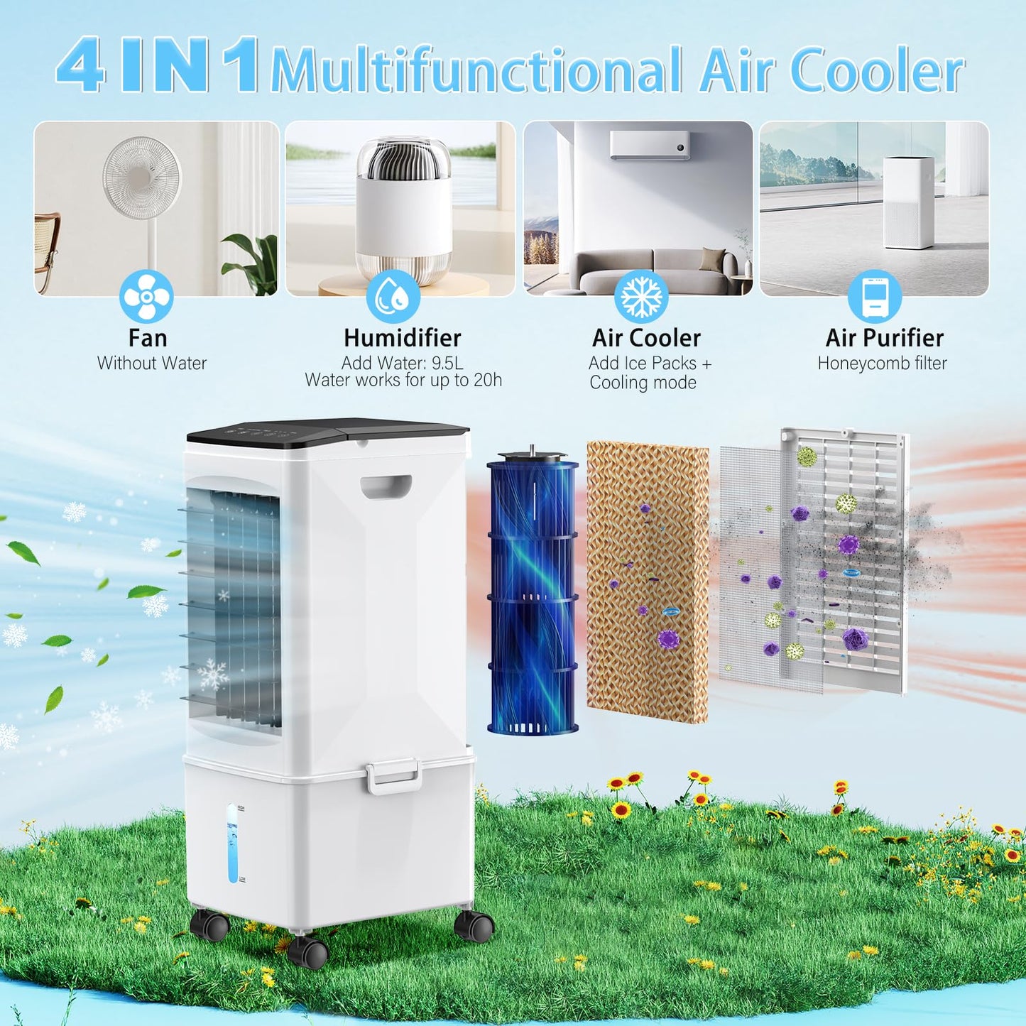 Mobile Klimaanlage Mobil Klimagerät Klimaanlage Ohne Abluftschlauch Luftkühler Ventilator mit Wasserkühlung 9,5L Wassertank 60W Verdunstungskühler Energiesparend 7h Timer Oszillierend für Zuhause/Büro