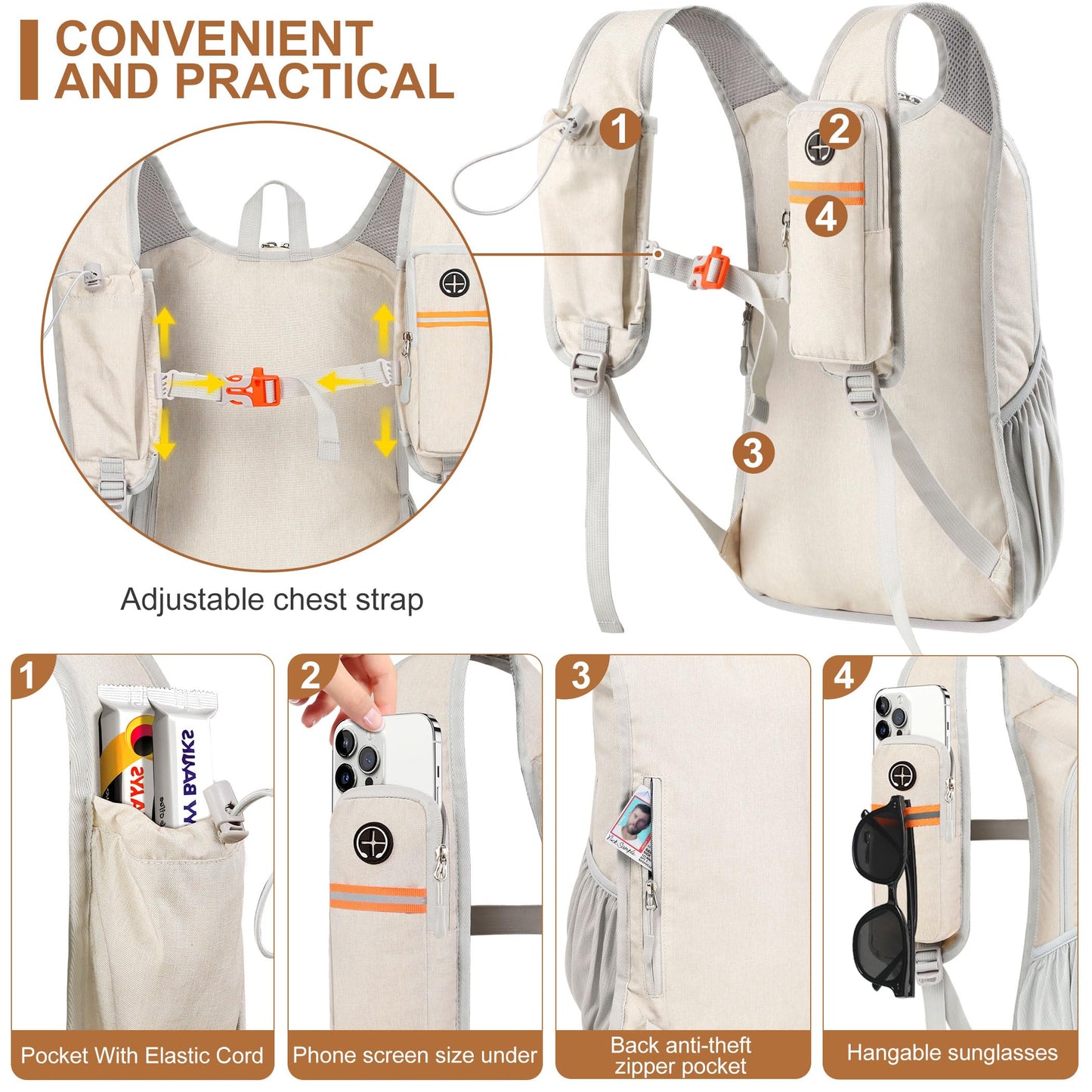 BECOJADDE 15L Wanderrucksack Herren Kleiner Rucksack Damen Leichter Daypack Tagesrucksack Faltbarer Trekkingrucksack für Camping Outdoor Wandern Travel Beige