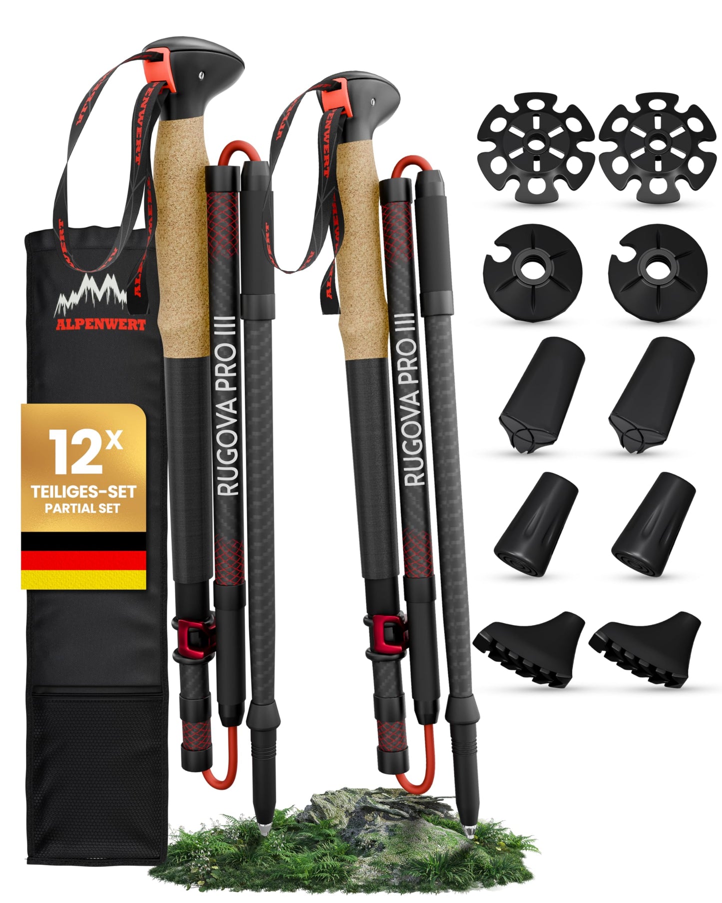 ALPENWERT Wanderstöcke faltbar [Carbon & Aluminium] Nordic Walking Stöcke Damen & Herren klappbar Trekkingstöcke – Ideal für Wandern, Trekking, UVM. (Carbon)