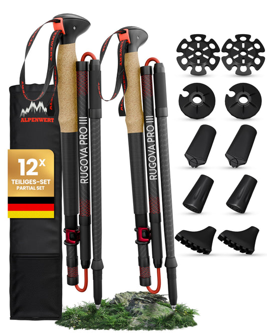 ALPENWERT Wanderstöcke faltbar [Carbon & Aluminium] Nordic Walking Stöcke Damen & Herren klappbar Trekkingstöcke – Ideal für Wandern, Trekking, UVM. (Carbon)