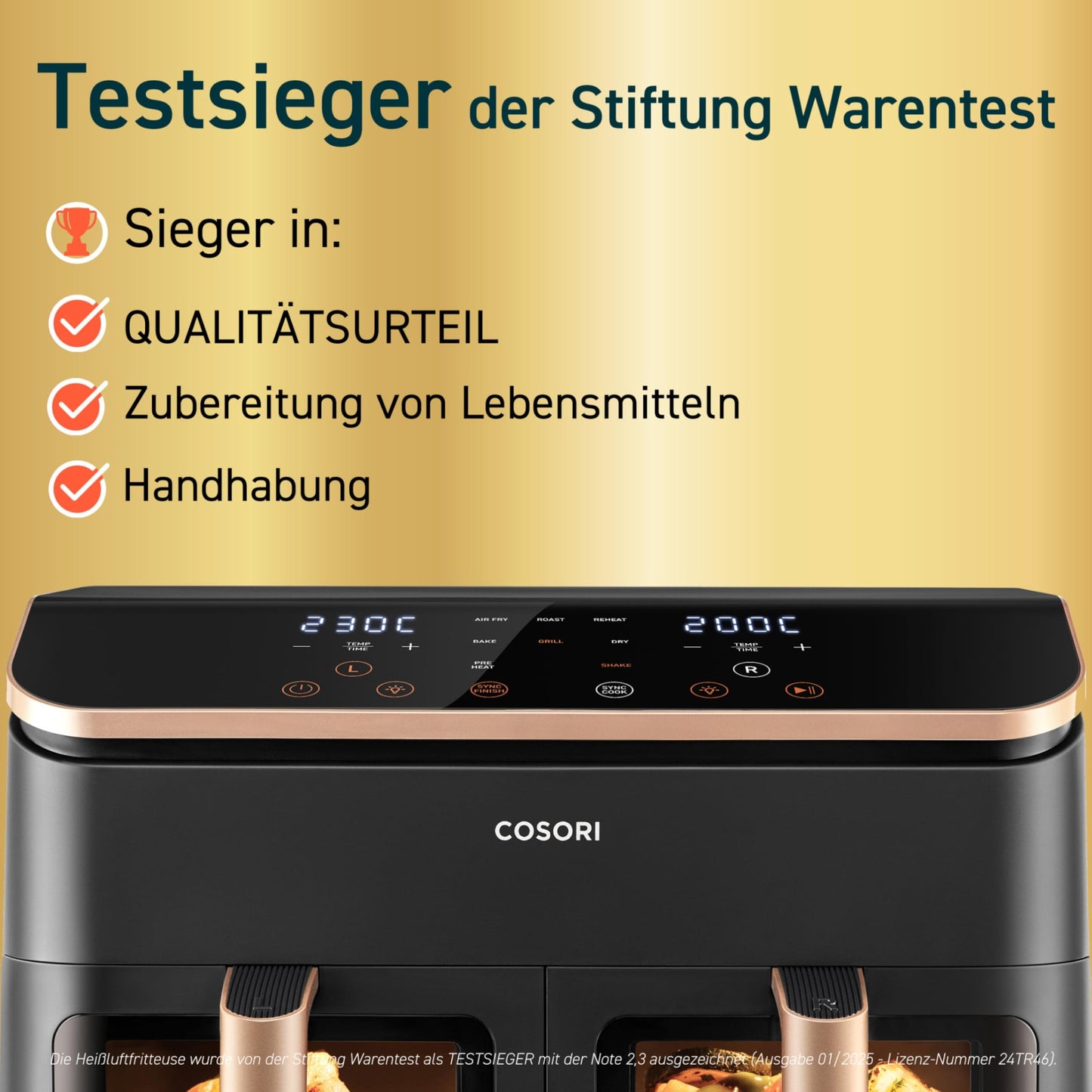 COSORI Heißluftfritteuse 2 Kammern, Testsieger der Stiftung Warentest, 6-in-1 Dual Zone Airfryer 8,5 L, Doppelkammer mit Sichtfenster für vollständige Mahlzeit, Gold