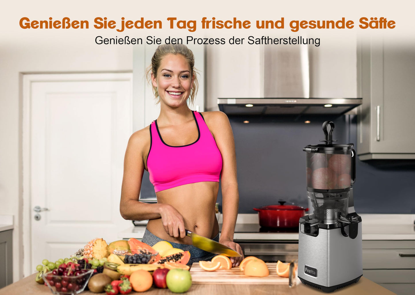 Fretta Slow Juicer Entsafter Gemüse und Obst Testsieger, 250W Edelstahl Saftpresse Elektrisch Obstpresse Kaltpresse Saftmaschine mit 135mm Großem Öffnung, Leicht zu Reinigen, Umkehrfunktion, BPA Frei