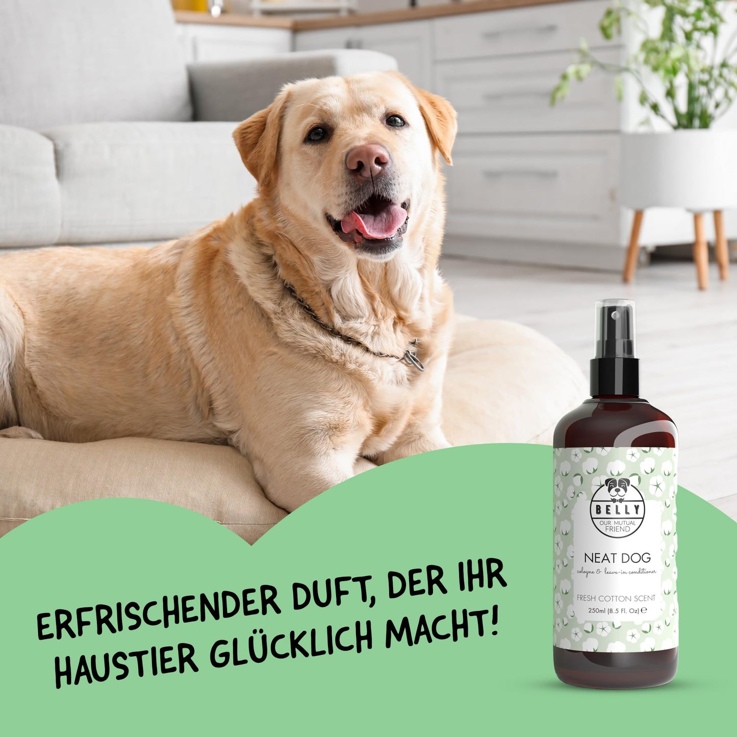 Belly® Deodorant für Hunde - 250ml - Frisches Baumwollaroma - Neutralisiert unangenehme Gerüche - pH neutral - Hundeparfüm - Hunde Parfüm, Fellpflegespray, Welpenparfum