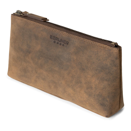 Berliner Bags Vintage Kosmetiktasche Anna, Kleiner Kulturbeutel, Schminktasche aus Leder, Federmäppchen für Damen und Mädchen – Braun