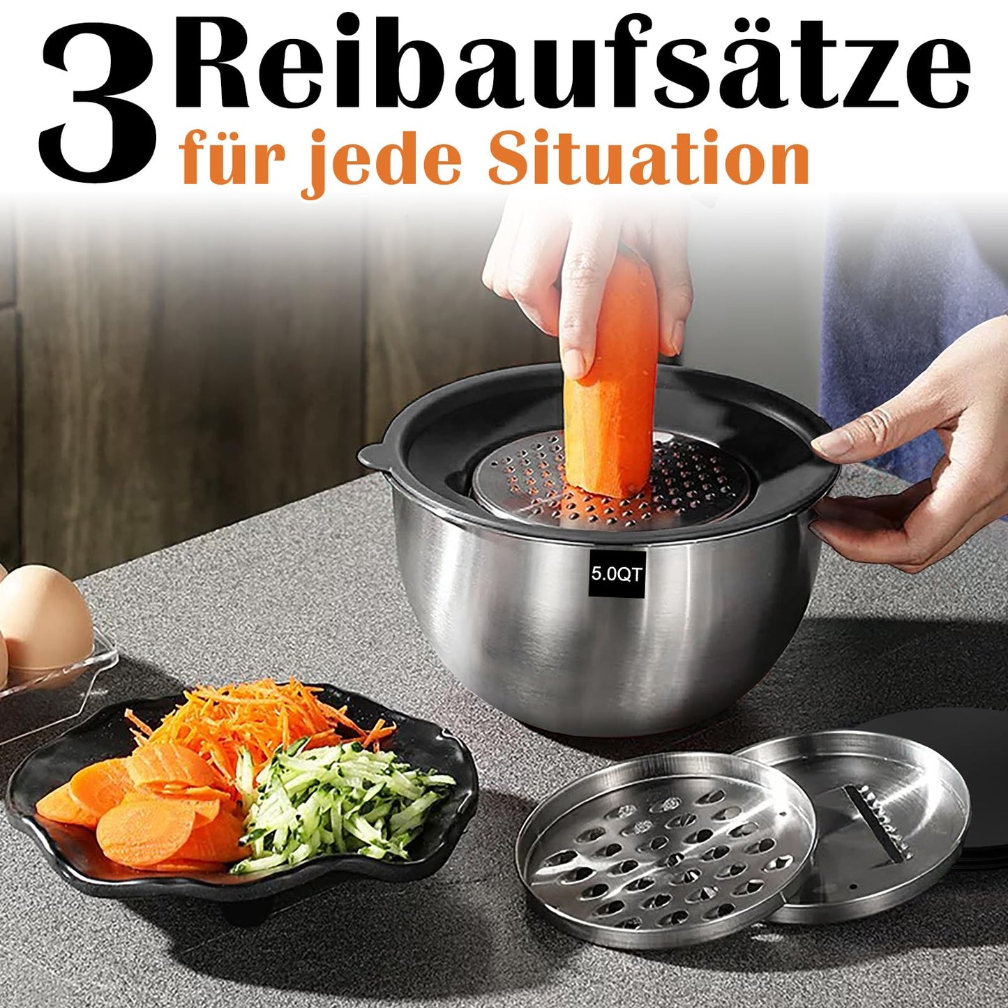 Terlulu Rührschüssel 5er Set, Edelstahl Schüssel Salatschüssel Set mit Deckel, 4.7l/2.8l/1.9l/1.4l/0.6l, Schüsselset zum Kochen/Backen/Aufbewahrung, Stapelbar & Spülmaschinenfest, inkl. Reibe