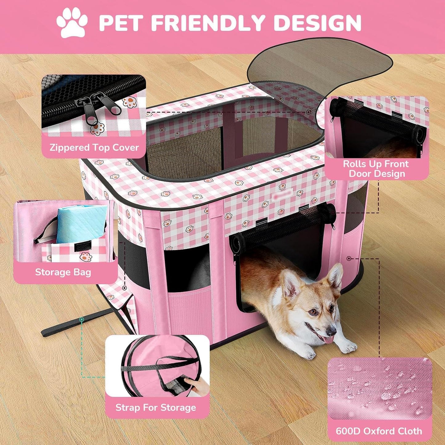 WAVATA Welpenlaufstall Tierlaufstall – Faltbarer Laufstall für Haustiere, 70x55x40cm, Oxford Wasserdichter Welpenauslauf für Hunde,Kaninchen,Katzen und Meerschweinchen, Indoor & Outdoor(Grau)