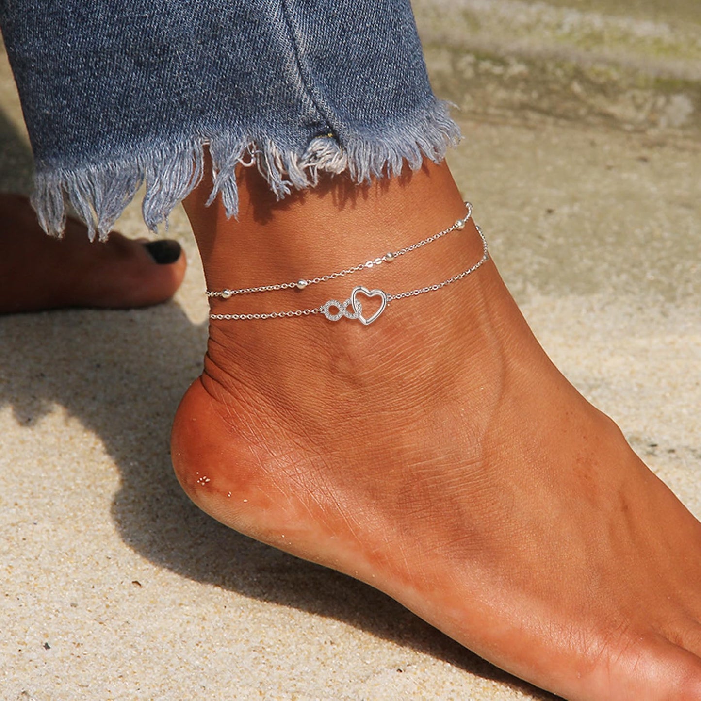 Jbniuay Fußkettchen für Damen 925 Sterling Silber - Infinity Herz Fußkette - Damen Fußkettchen - Fußkette damen Verstellbare 23+5cm - Geschenke für Frauen/damen/mama/mutter