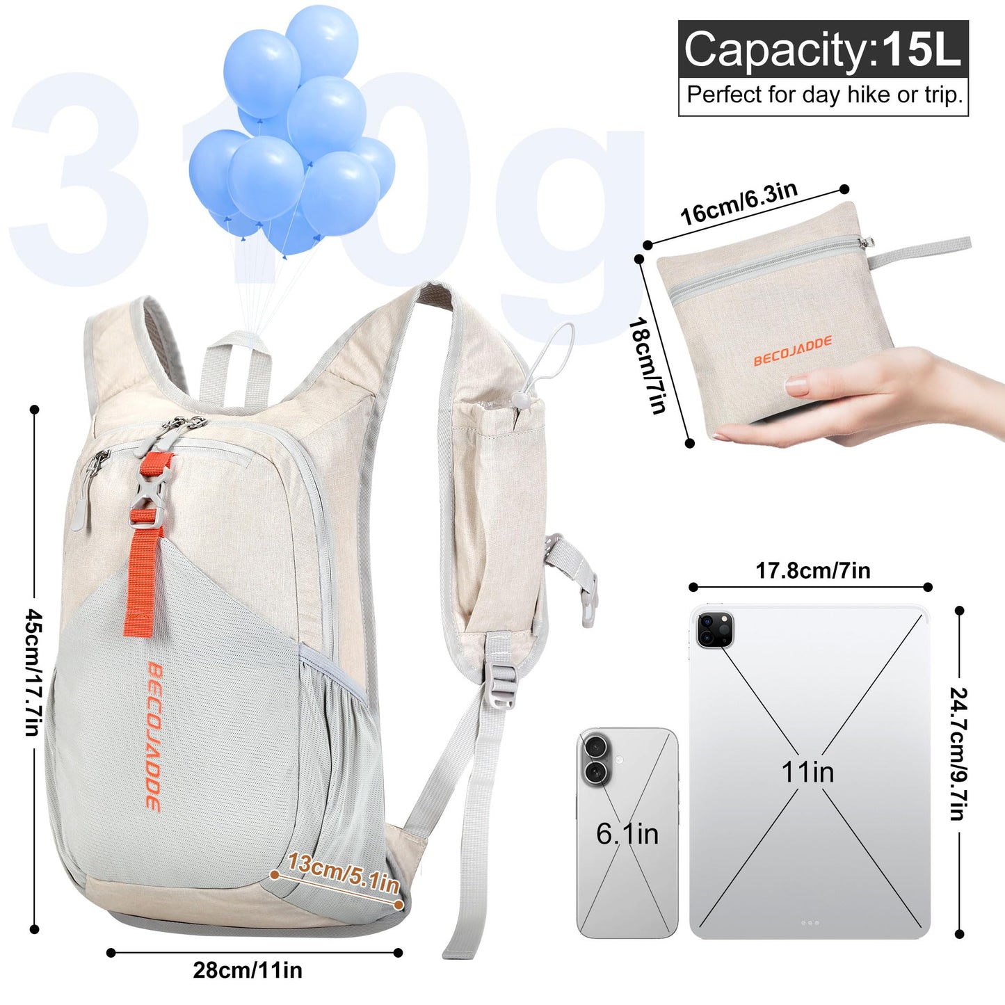 BECOJADDE 15L Wanderrucksack Herren Kleiner Rucksack Damen Leichter Daypack Tagesrucksack Faltbarer Trekkingrucksack für Camping Outdoor Wandern Travel Beige