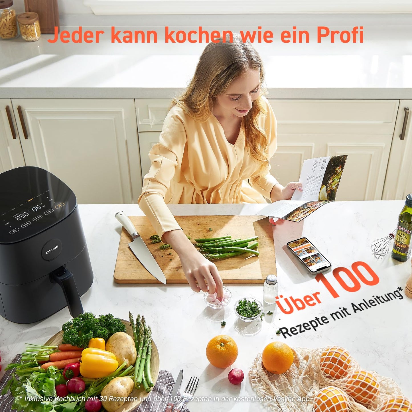COSORI Airfryer, 7-in-1 Heissluftfritteuse, Max 230℃ & 55dB leise Heißluftfritteuse, 100+ Rezpete, Hähnchen, Steak, Speck, Tiefkühlkost, 55% energiesparend, spülmaschinenfest