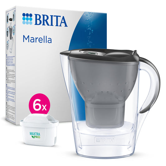 BRITA Wasserfilter Kanne Marella graphit (2,4l) inkl. 6x MAXTRA PRO All-in-1 Kartusche (Halbjahrespaket) – Wasserfilter reduziert Kalk, Chlor, Blei, Kupfer & geschmacksstörende Stoffe im Wasser