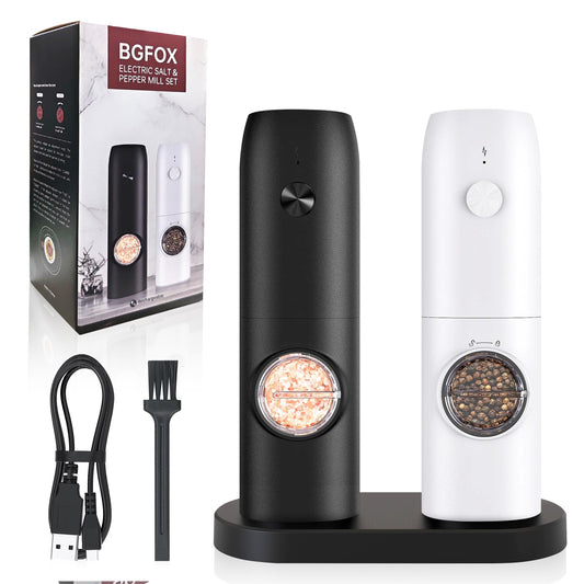 BGFOX Salz und Pfeffer Mühle Elektrisch 2er Set mit einstellbarem Keramik-Mahlwerk von grob bis fein, Gewürzmühlenset Automatisch mit Basis LED-Licht Type-c Reinigungspinsel (2 Stück) (Schwarz-Weiß)