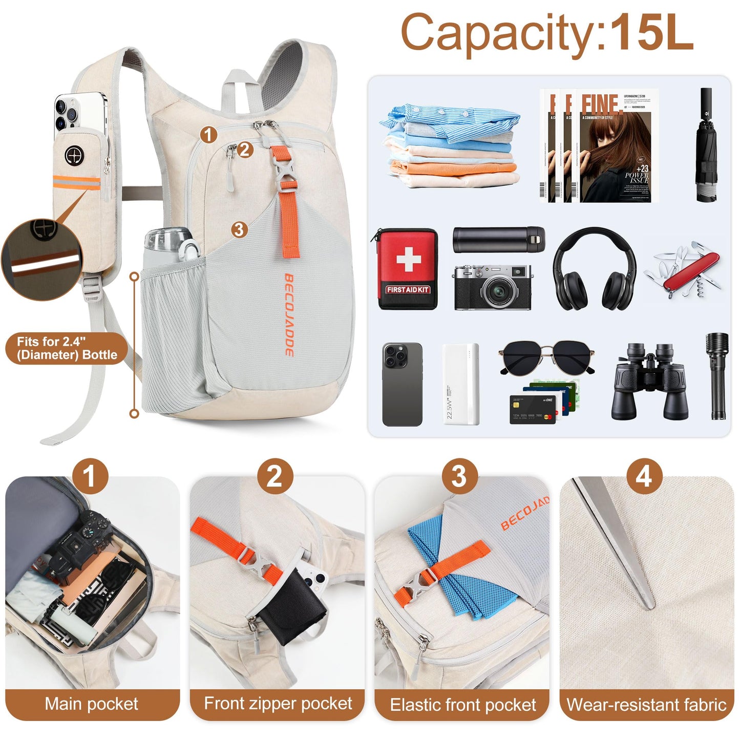 BECOJADDE 15L Wanderrucksack Herren Kleiner Rucksack Damen Leichter Daypack Tagesrucksack Faltbarer Trekkingrucksack für Camping Outdoor Wandern Travel Beige